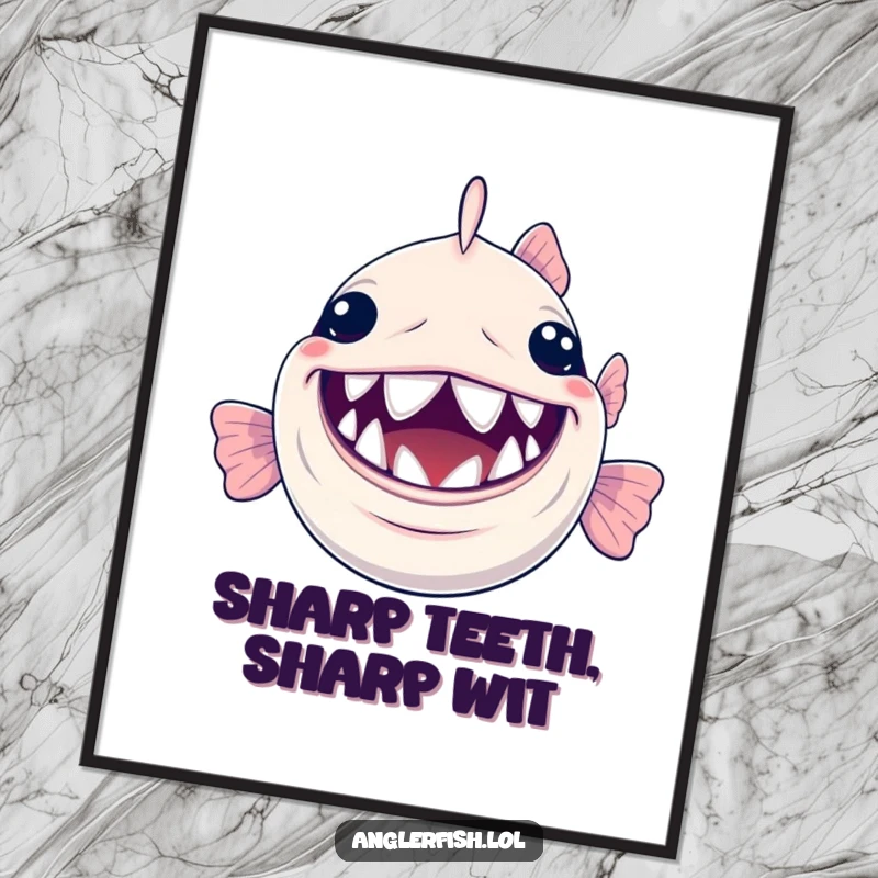 Funny free printable anglerfish wall art featuring a joyful anglerfish with an enormous smile and its tiny, sparkling teeth on full display.