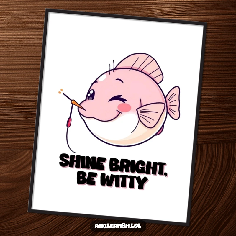 Funny Free Printable Wall Art: Kawaii anglerfish winking cheekily with its lure as a spotlight, playful downloadable decor.