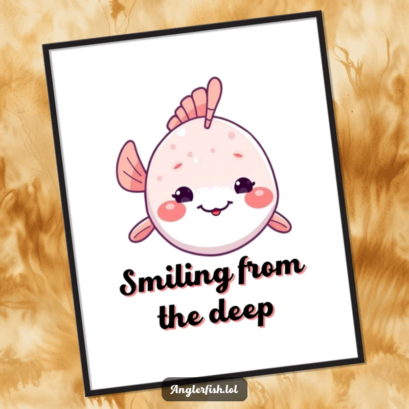 Funny Free Printable Wall Art: A kawaii anglerfish sharing a shy smile from its deep-sea home, charming downloadable ocean decor.