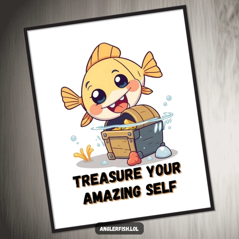 Funny Free Printable Wall Art of a clumsy anglerfish surprisedly tripping over a sunken treasure chest.