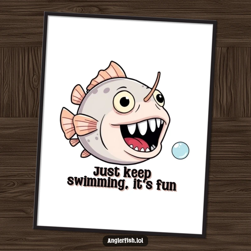 Funny Free Printable Wall Art: Anglerfish with a wide, joyful mouth comically chasing a tiny, floating bubble.