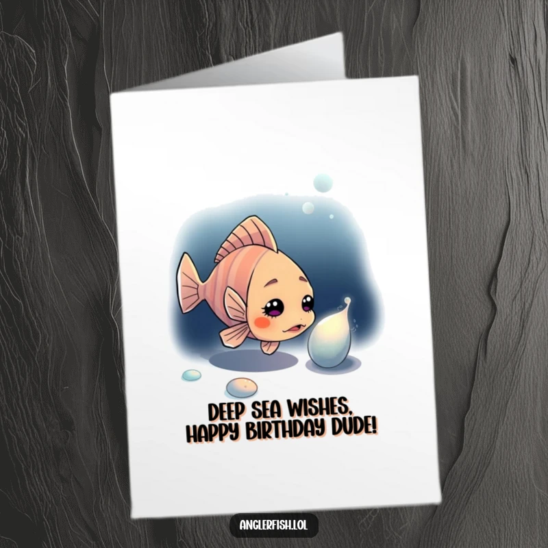 Funny free printable anglerfish birthday card, a curious fish peering at a shiny object in the dark.