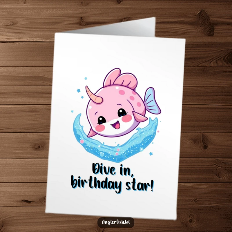 Funny Free Printable Birthday Card: An anglerfish character joyfully diving headfirst into a vibrant swirl of shimmering glitter.