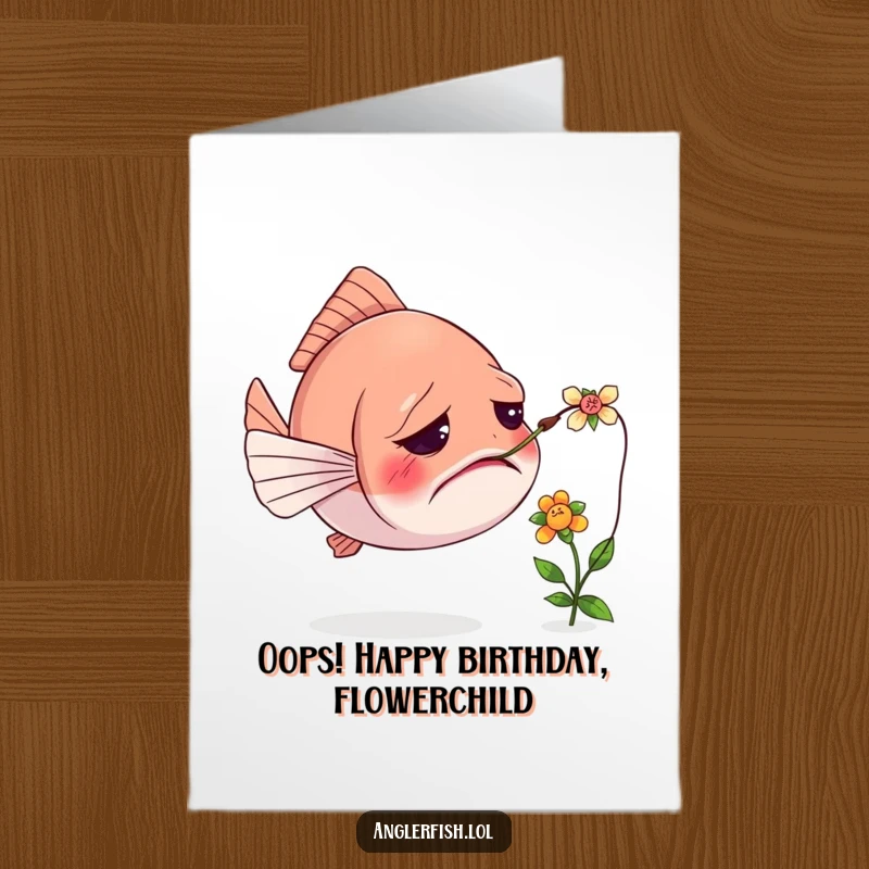 Funny Free Printable Birthday Card: A confused anglerfish stares at its lure comically tangled with a tiny flower.
