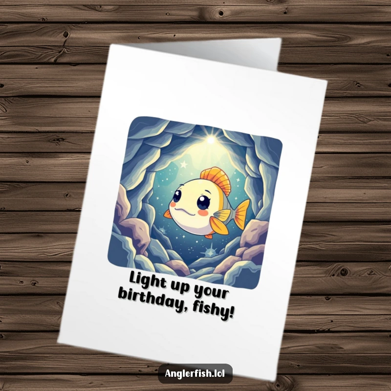 Funny Free Printable Birthday Card featuring a curious anglerfish exploring a starry cavern with its glowing lure.