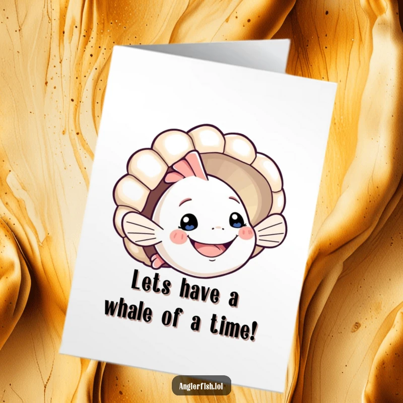 Funny Free Printable Birthday Card: Smiling anglerfish playfully peeking from behind a colorful seashell.