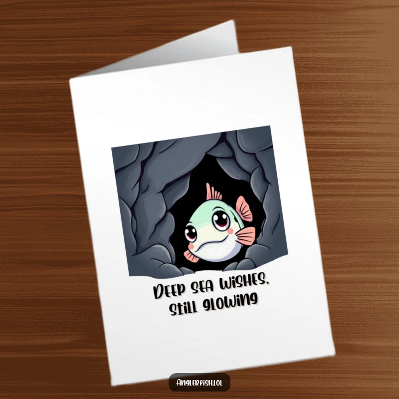 Funny Free Printable Anglerfish Birthday Card: A curious anglerfish peeks from a dark cave, ready to wish you a happy birthday.