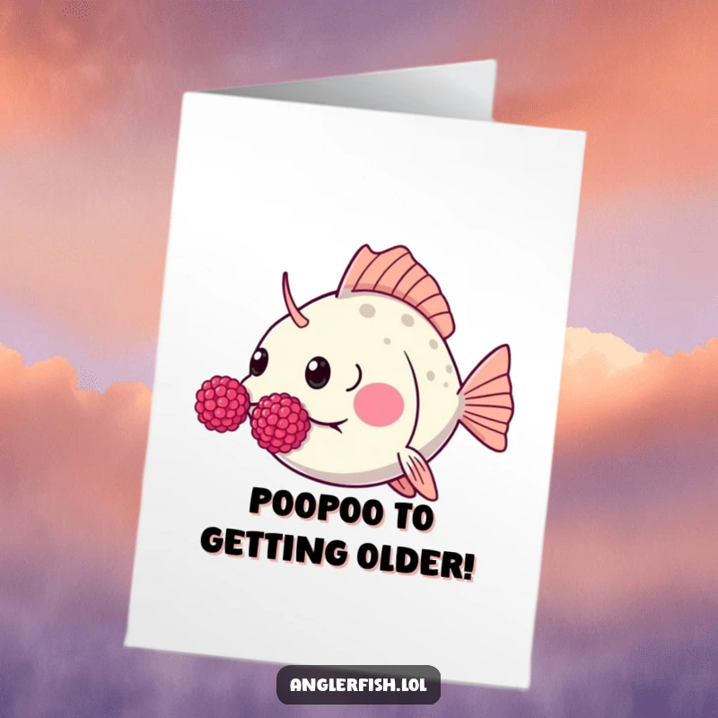 Funny Free Printable Birthday Card: A kawaii anglerfish hilariously puffs its cheeks and blows a raspberry.