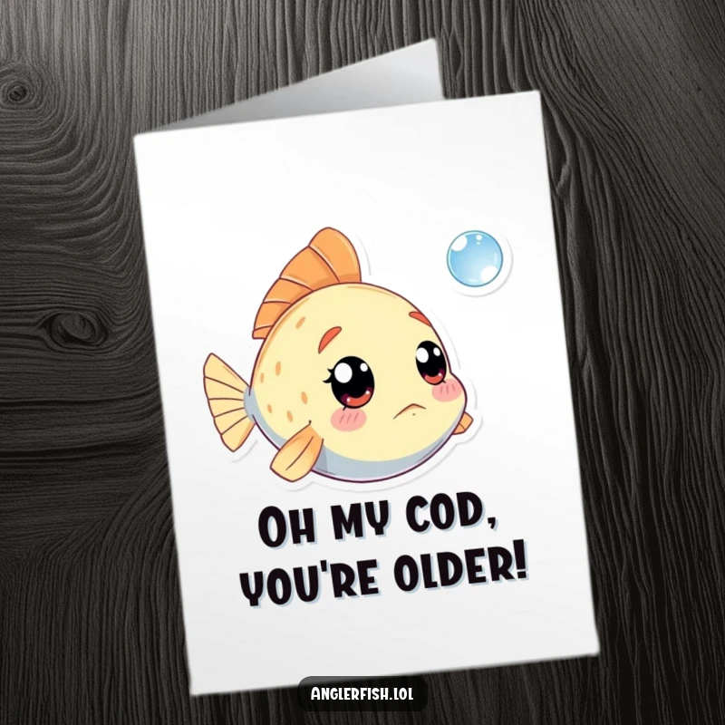 Funny Free Printable Birthday Card featuring a kawaii anglerfish wide-eyed at a floating bubble, a delightful downloadable gift.