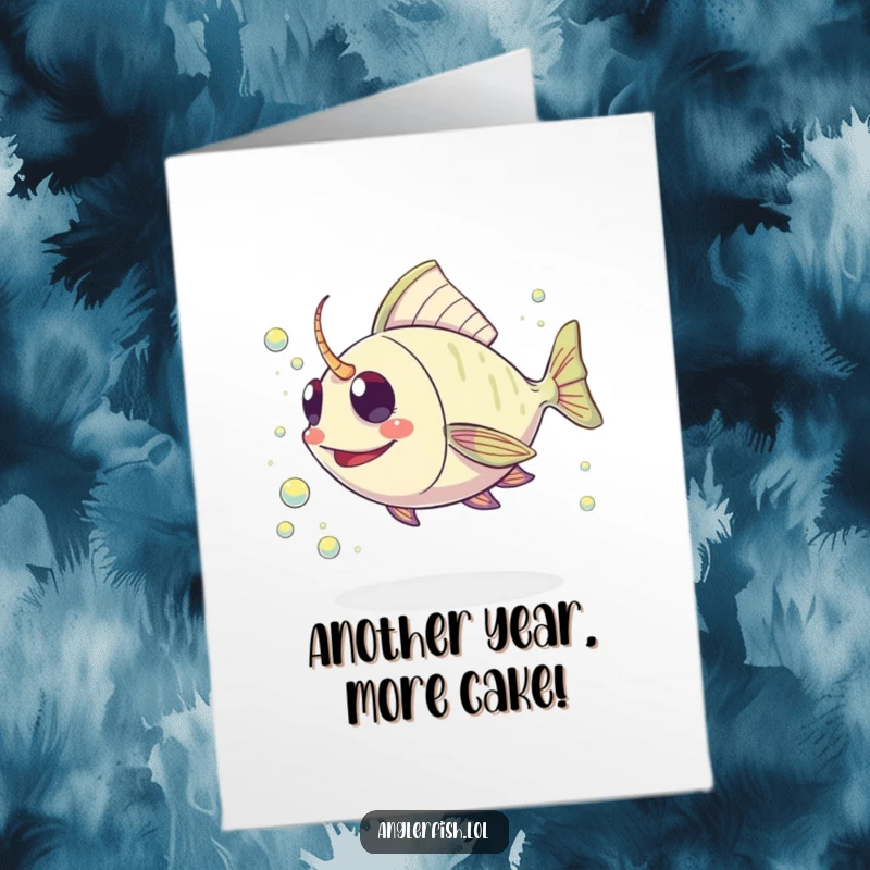Funny Free Printable Birthday Card: A kawaii anglerfish joyfully pursuing shimmering plankton, a delightful downloadable treat.
