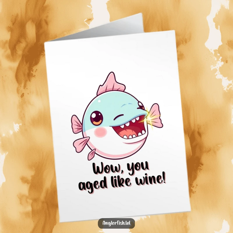 Funny Free Printable Birthday Card: A kawaii anglerfish with an exaggerated gasp and blinking light, a dramatic downloadable surprise.
