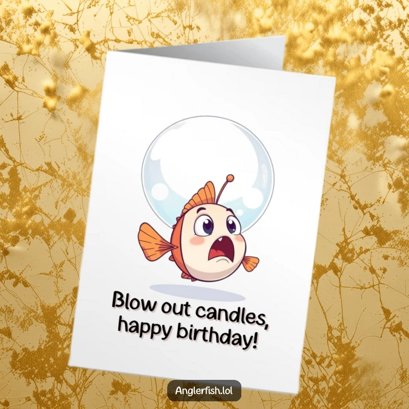 Funny free printable anglerfish birthday card, a surprised fish looking at a giant floating bubble.