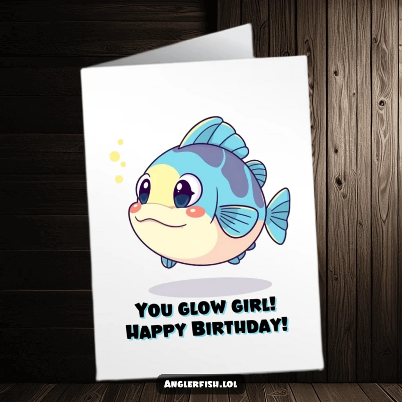 Funny Free Printable Birthday Card: Kawaii anglerfish shocked by glowing reflection, perfect for a laugh.