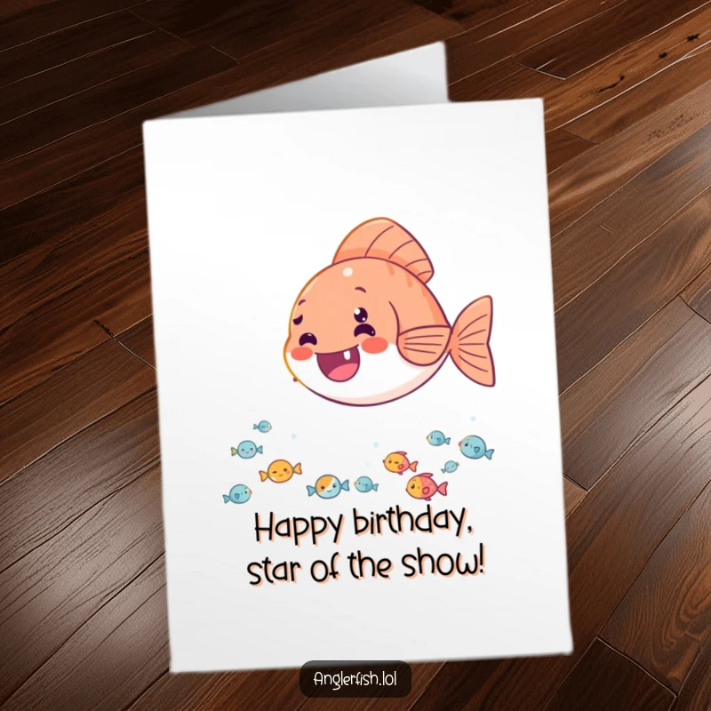 Funny Free Printable Birthday Card: A delighted anglerfish shines its light on an equally delighted audience of tiny fish.