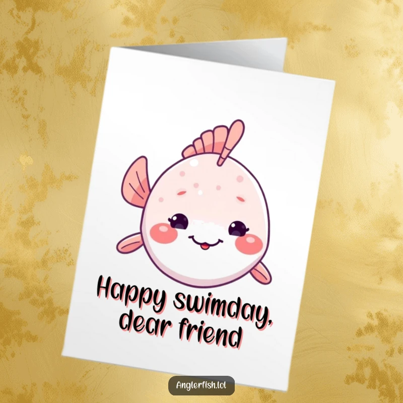 Funny Free Printable Birthday Card: A kawaii anglerfish sharing a shy smile from its deep-sea home, a sweet downloadable surprise.