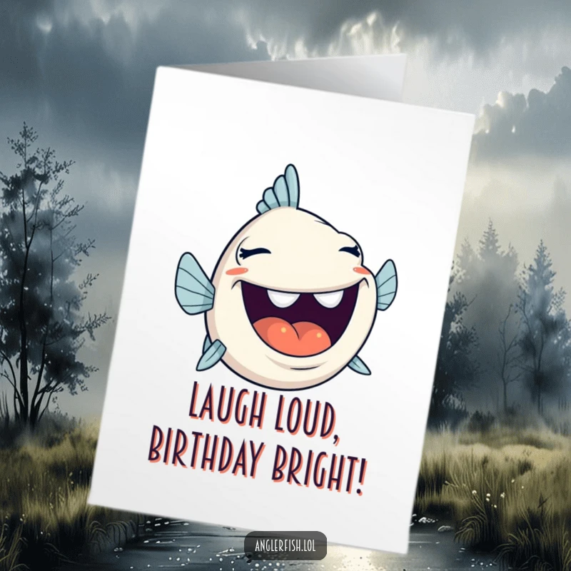 Funny Free Printable Birthday Card: Anglerfish character with mouth wide open, joyfully laughing, a hilarious downloadable gift.