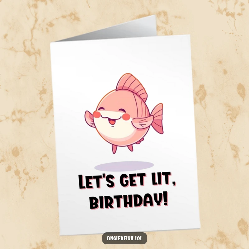 Funny Free Printable Birthday Card: A kawaii anglerfish playfully dancing under a soft, warm glow for a special day.
