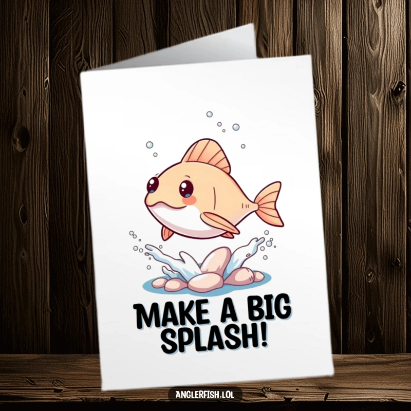 Cute free printable kawaii anglerfish card with a joyful anglerfish leaping out of the water in a fun splash.