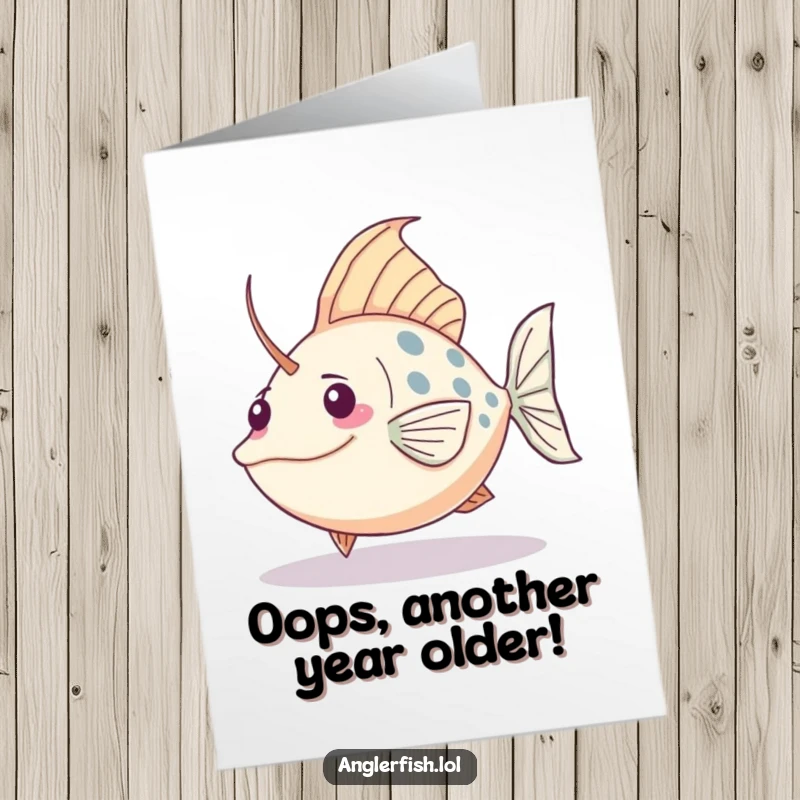 Funny Free Printable Birthday Card: Kawaii anglerfish comically tripping over its own large tail, a relatable oops moment.