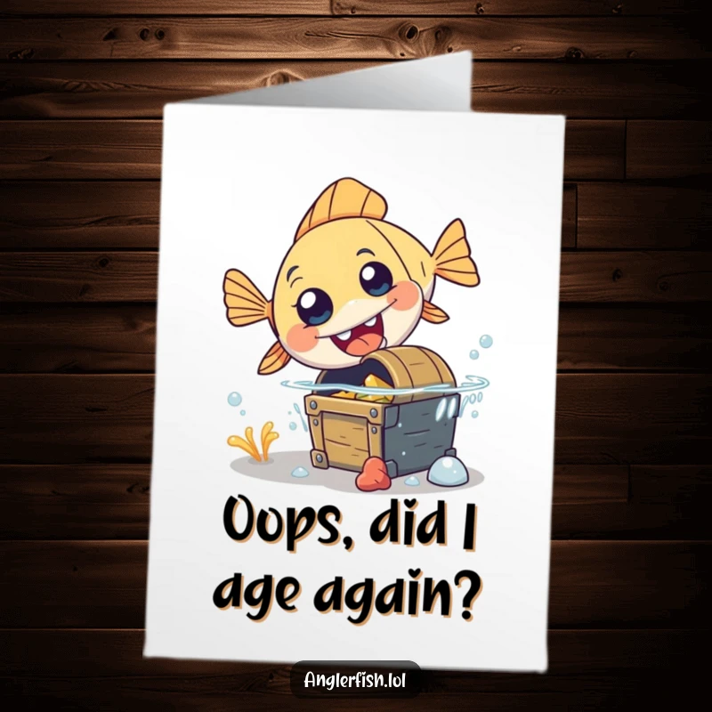 Funny Free Printable Birthday Card featuring a clumsy anglerfish tripping with surprise over a sunken treasure chest.