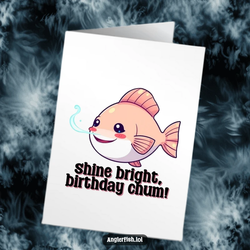 Funny Free Printable Birthday Card: Kawaii anglerfish happily shining its bioluminescent lure, ready to attract smiles.