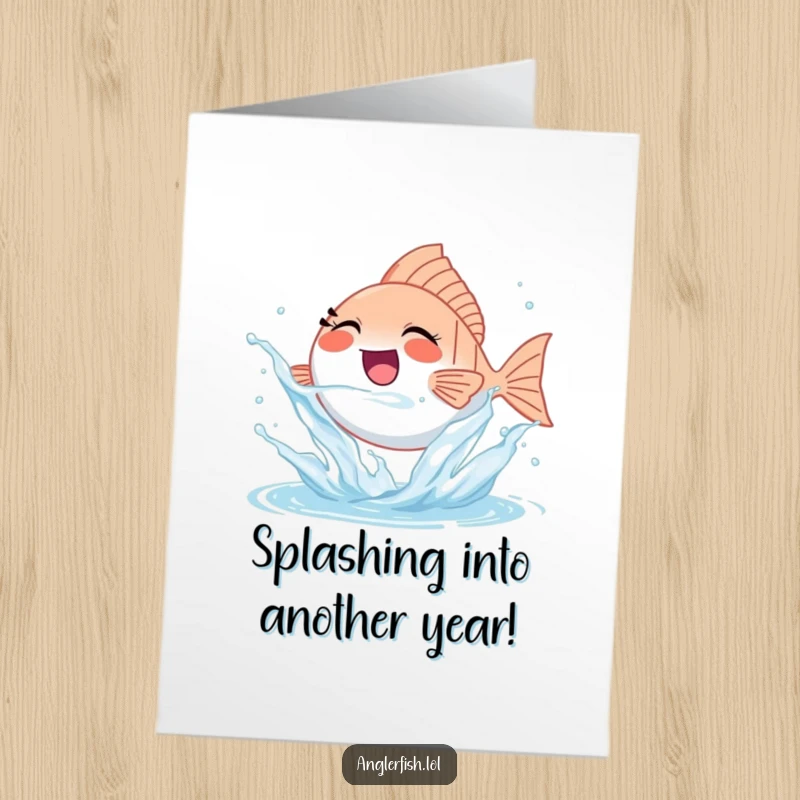 Funny Free Printable Birthday Card showing a tiny anglerfish joyfully splashing water with exuberant delight.
