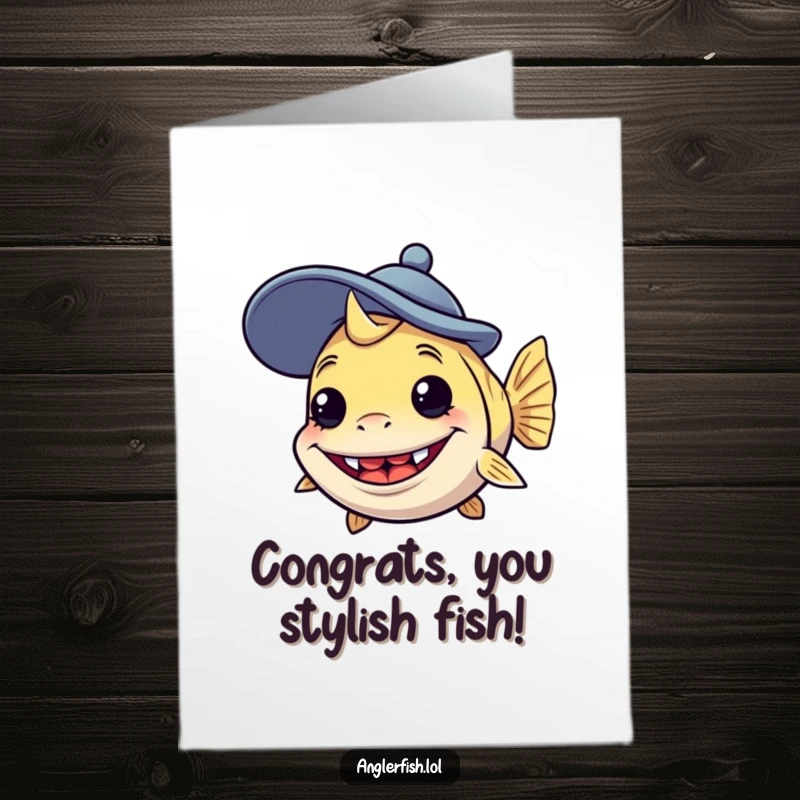 Funny Free Printable Anglerfish Congrats Card: An anglerfish sports a goofy hat and silly grin, celebrating your amazing success!