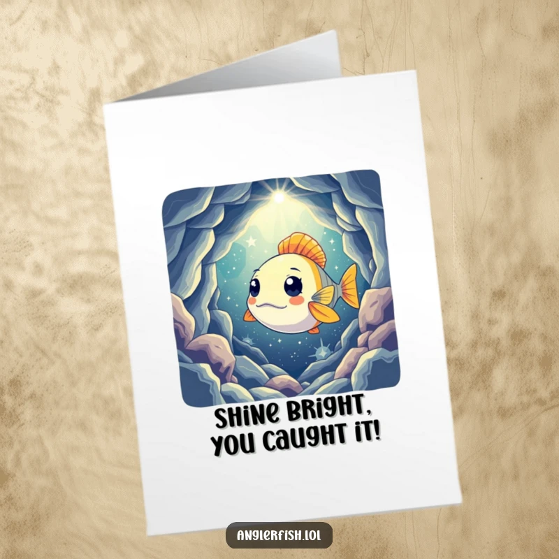 Funny Free Printable Congrats Card showing a curious anglerfish shining its light in a mysterious, star-filled cavern.