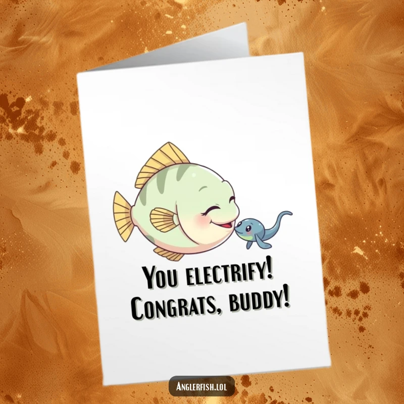 Funny free printable anglerfish congratulations card, a playful anglerfish teasing a small electric eel.