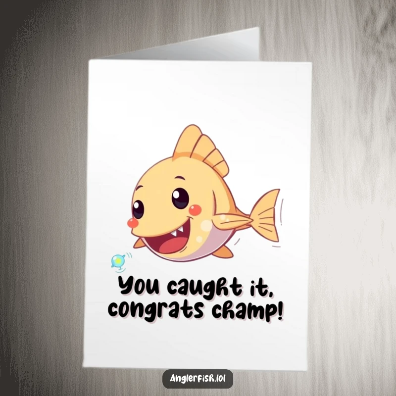 Funny Free Printable Congrats Card: An anglerfish character excitedly pursuing a small, sparkling plankton, symbolizing pursuit of goals.