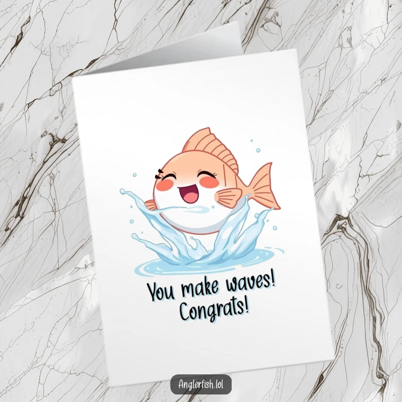 Funny Free Printable Congratulations Card featuring a tiny anglerfish splashing water with immense joy.