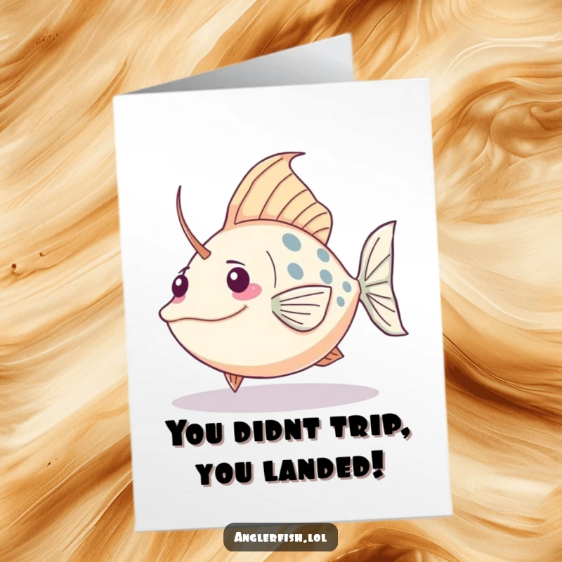 Funny Free Printable Congratulations Card: Kawaii anglerfish comically tripping over its large tail, a humorous nod to challenges.