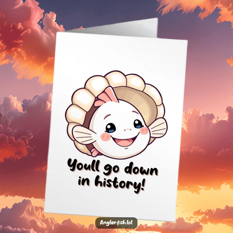 Funny Free Printable Congrats Card: Playful anglerfish with a big smile peeking from a seashell.