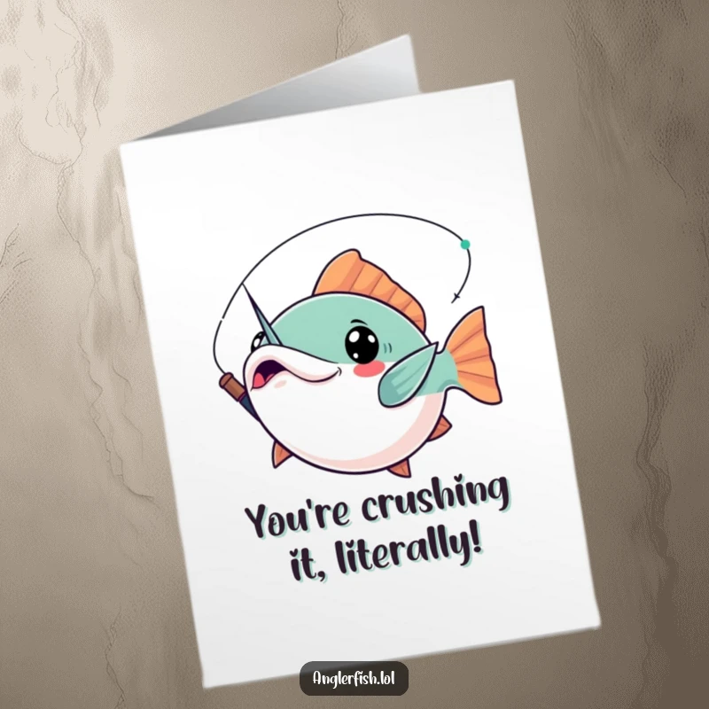 Funny Free Printable Congratulations Card: A kawaii anglerfish in a dramatic pose, lure aloft, a triumphant downloadable greeting.