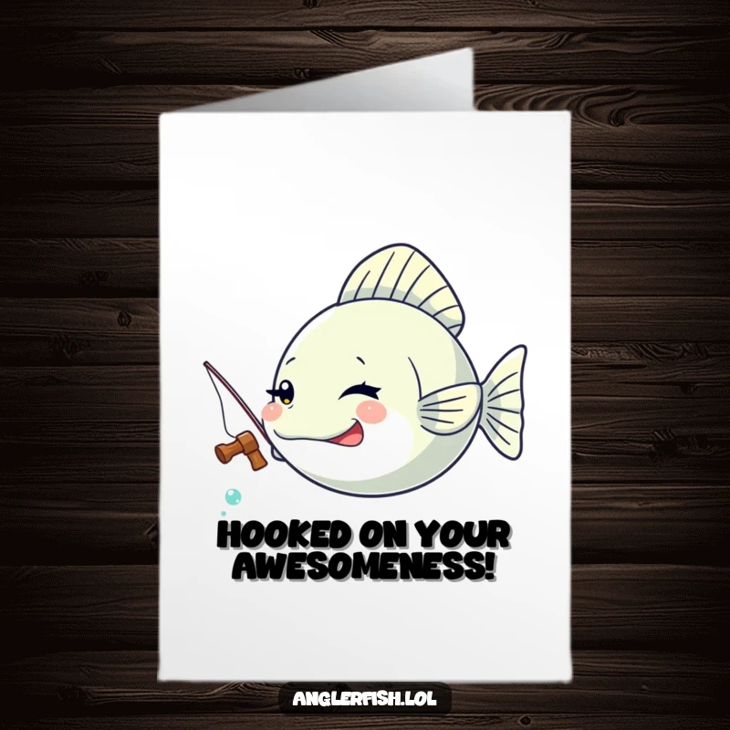 Funny Free Printable Congratulations Card: A kawaii anglerfish winks playfully holding a miniature fishing rod, ready to celebrate.