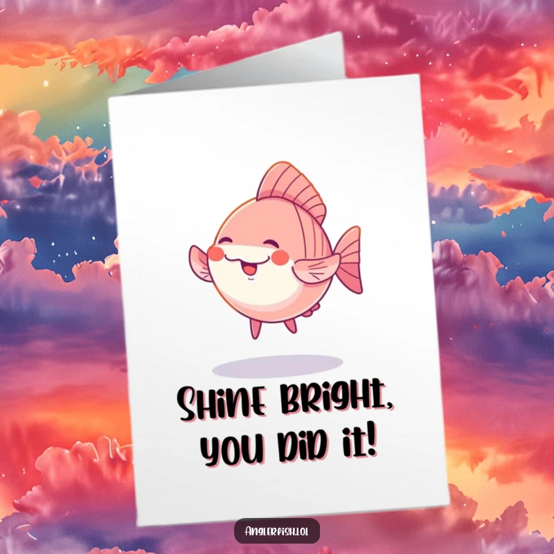 Free Printable Congratulations Card: A kawaii anglerfish performing a silly, delightful dance under a radiant soft glow.