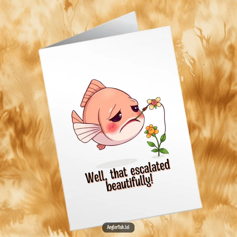 Funny Free Printable Congrats Card: An anglerfish looks confused as its lure gets tangled with a delicate little flower.