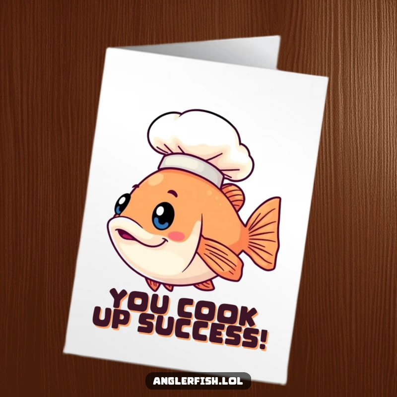 Funny Free Printable Congratulations Card: Kawaii anglerfish wearing a tiny illuminated chef hat, celebrating gastronomic triumphs.