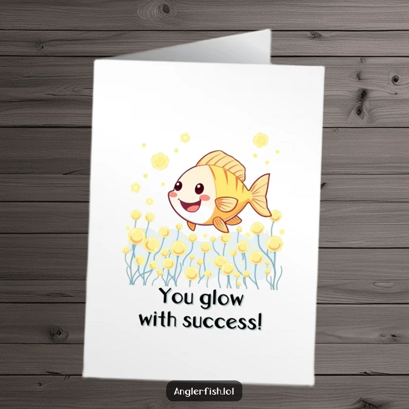 Funny Free Printable Congratulations Card: A kawaii anglerfish joyfully navigates a vibrant, glowing plankton sea.