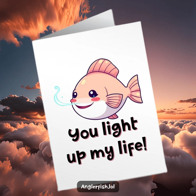Funny Free Printable Congratulations Card: Kawaii anglerfish happily shining its bioluminescent lure, celebrating achievements.