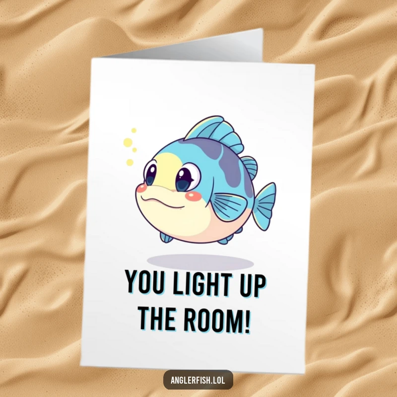 Funny Free Printable Congrats Card: Kawaii anglerfish surprised by reflection, ideal for celebrating with humor.