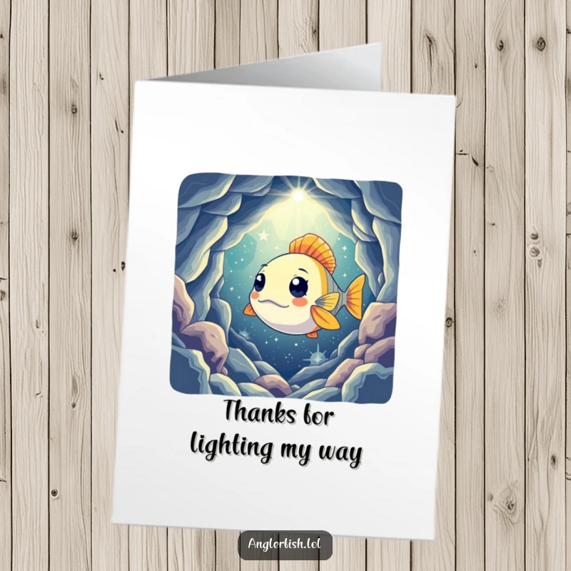 Funny Free Printable Thank You Card featuring a curious anglerfish exploring a dark cavern with its luminous lure.