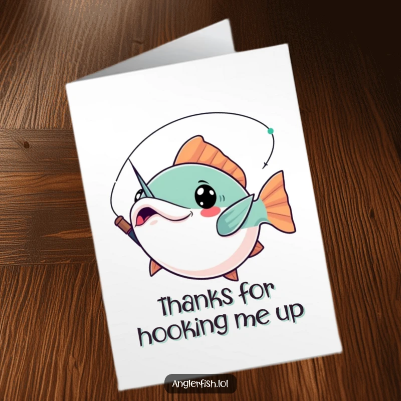 Funny Free Printable Thank You Card: A kawaii anglerfish striking a dramatic pose with its lure held high, a grand downloadable gift.