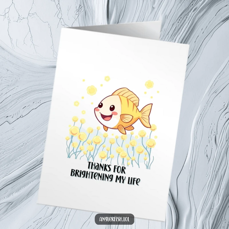 Funny Free Printable Thank You Card: A kawaii anglerfish joyfully swims through a mesmerizing, glowing plankton field.