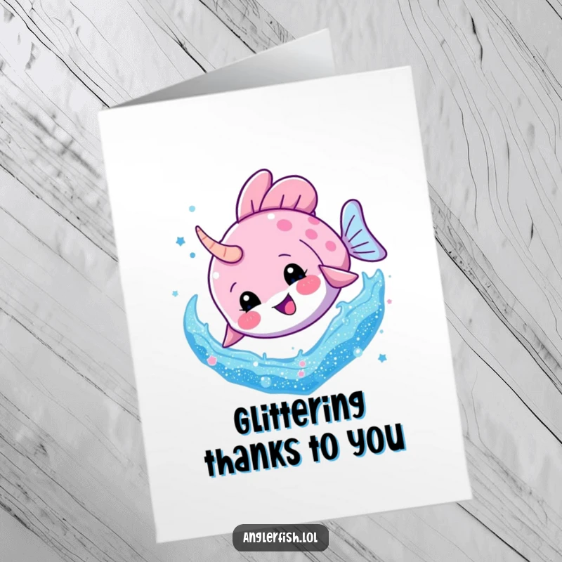 Funny Free Printable Thank You Card: An anglerfish character making a spectacular dive into a swirl of sparkling glitter.