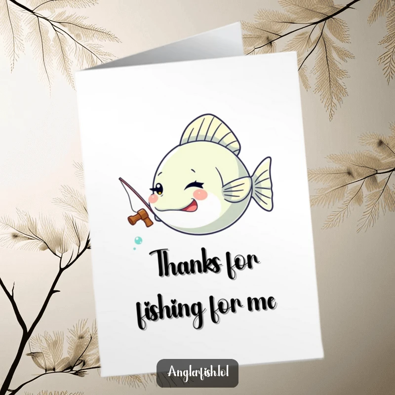 Funny Free Printable Thank You Card: A kawaii anglerfish gives a cheerful wink while holding a tiny fishing rod.