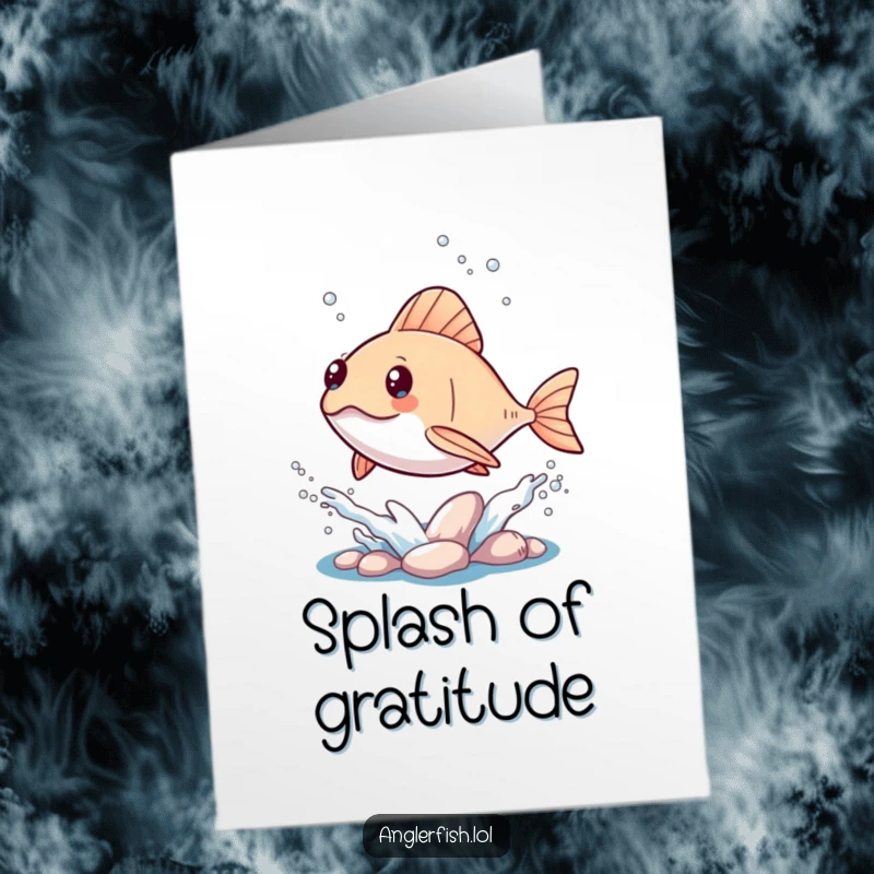Cute free printable kawaii anglerfish thank you card featuring a joyful anglerfish leaping out of the water with a big, happy splash.