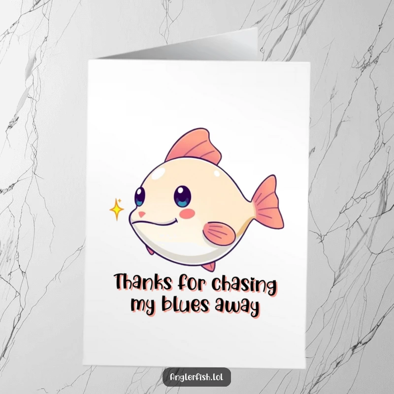 Funny Free Printable Thank You Card: Kawaii anglerfish playfully chasing a shimmering spark, a whimsical thank you.