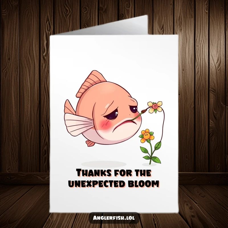 Funny Free Printable Thank You Card showing a very confused anglerfish with its lure tangled in a small, pretty flower.