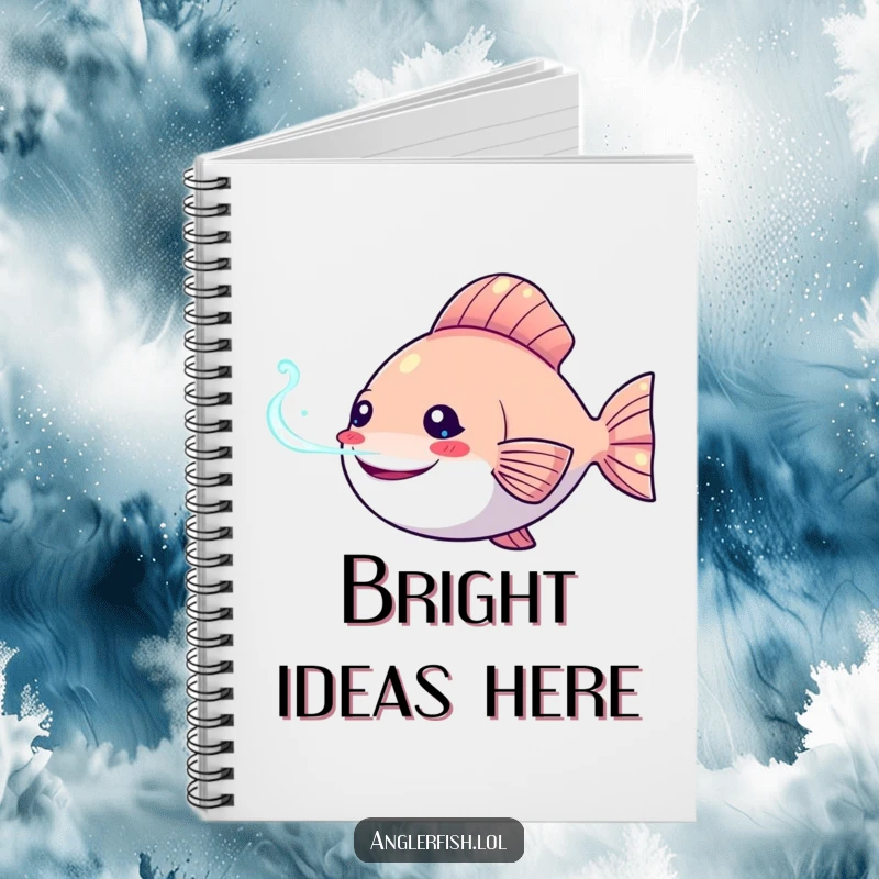Funny Kawaii anglerfish notebook with a happy anglerfish and its bioluminescent lure glowing, perfect for note-taking.